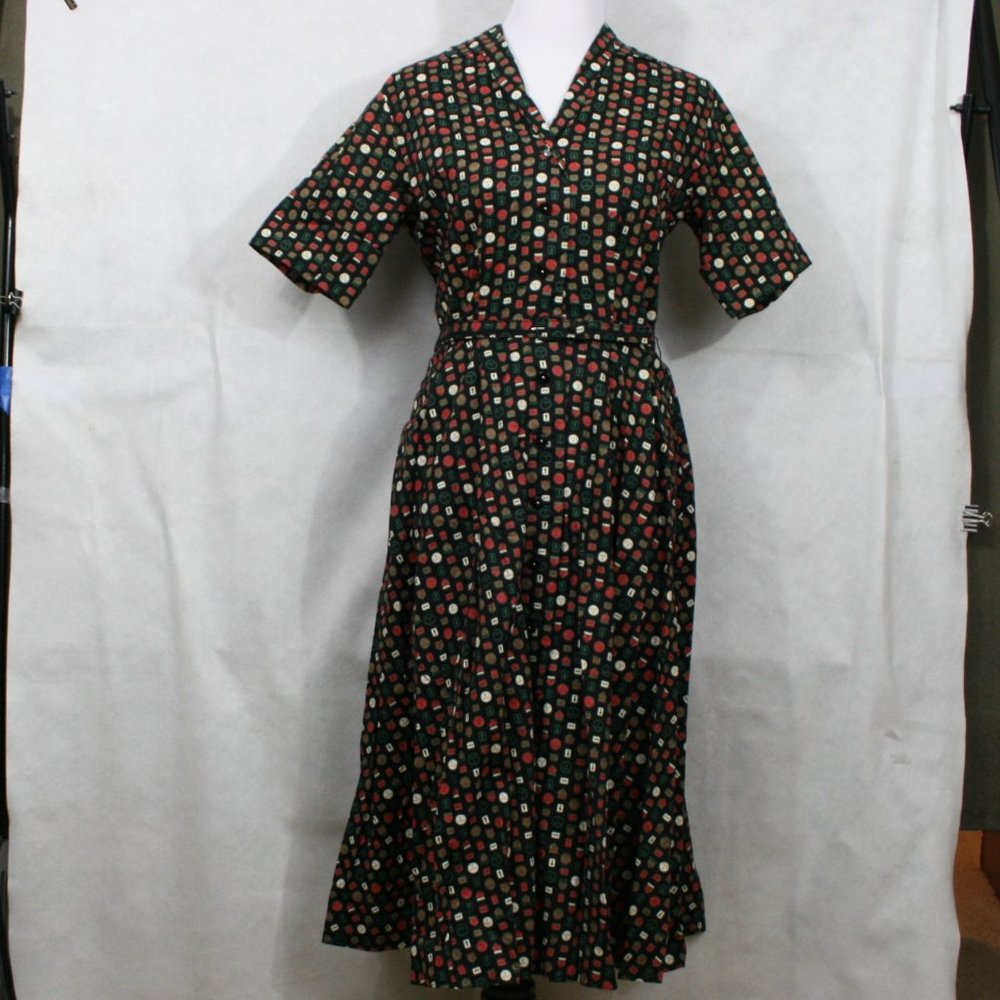 Vintage 50's Susan Ross Black Cotton Road Sign Midi Dress w/ Belt SZ S EUC